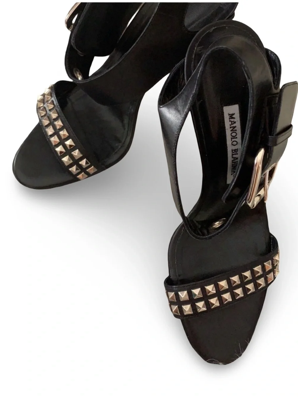 Manolo Blahnik Black Studded Leather‎ Buckle Ankle Strap Sandals, 38